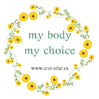 The text “my body my choice” inside an illustration of a yellow floral wreath
