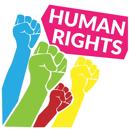 Pink Human Rights banner, with 4 different-coloured raised fists beneath it